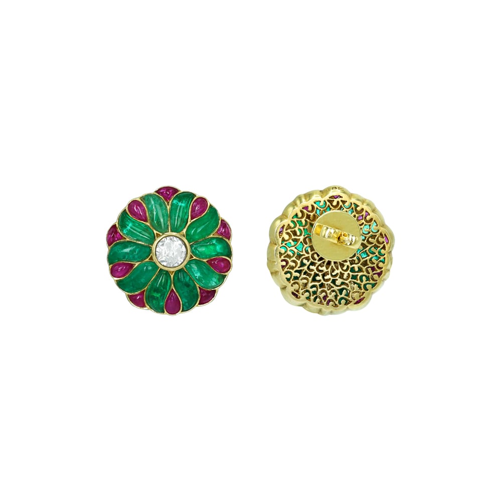 Floral Polki Stud Earrings with Emerald and Ruby Petals